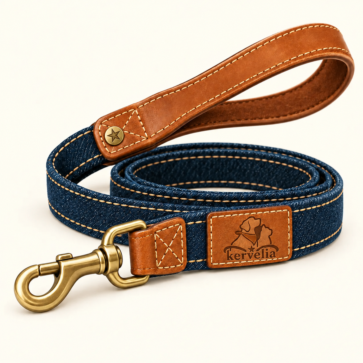 kervelia™ Leather-Trim Denim Dog Leash